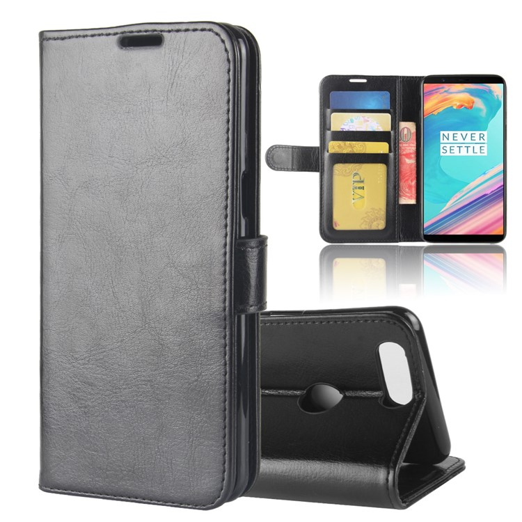 Crazy Horse Stand Wallet Leather Cell Phone Case for OnePlus 5T - Black-1