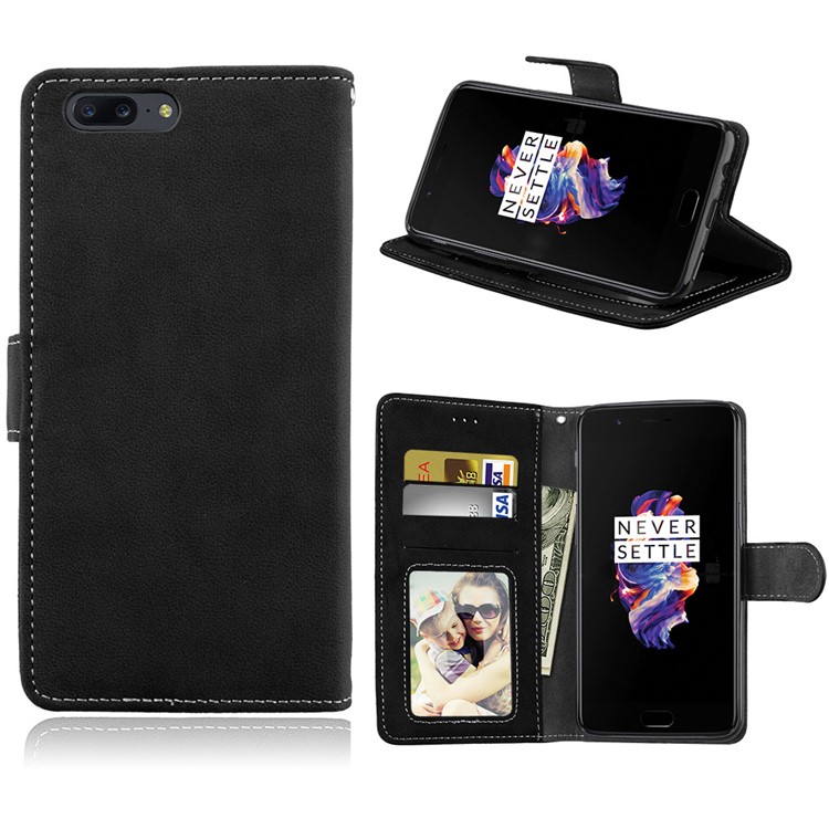 Matte Finish Wallet Leather Stand Mobile Case for OnePlus 5 - Black-1