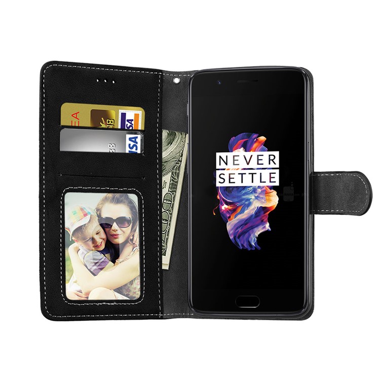 Matte Finish Wallet Leather Stand Mobile Case for OnePlus 5 - Black-9