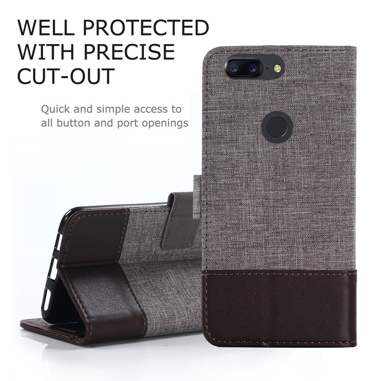 MUXMA PU Leather Splicing Canvas Wallet Stand Case Shell for OnePlus 5T - Brown-1
