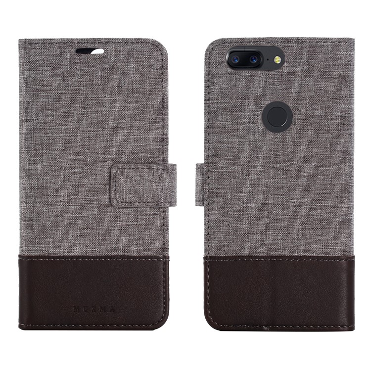 MUXMA PU Leather Splicing Canvas Wallet Stand Case Shell for OnePlus 5T - Brown-4