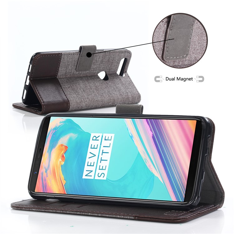 MUXMA PU Leather Splicing Canvas Wallet Stand Case Shell for OnePlus 5T - Brown-5