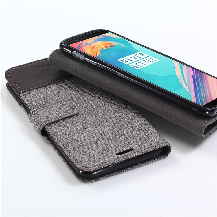 MUXMA PU Leather Splicing Canvas Wallet Stand Case Shell for OnePlus 5T - Brown-6