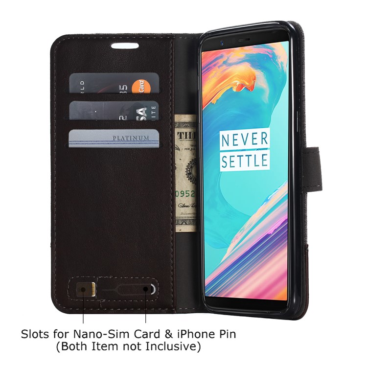 MUXMA PU Leather Splicing Canvas Wallet Stand Case Shell for OnePlus 5T - Brown-7