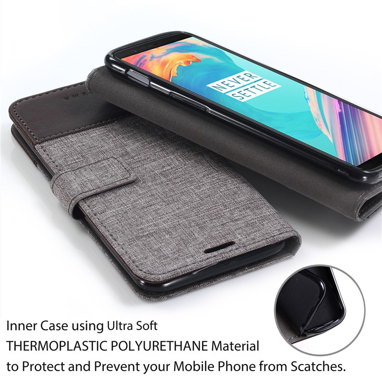MUXMA PU Leather Splicing Canvas Wallet Stand Case Shell for OnePlus 5T - Brown-9