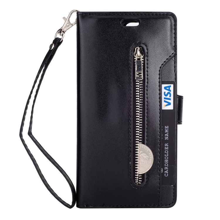 Zippered Leather Magnetic Stand Wallet TPU Back Shell with Strap for OnePlus 5T - Black-3