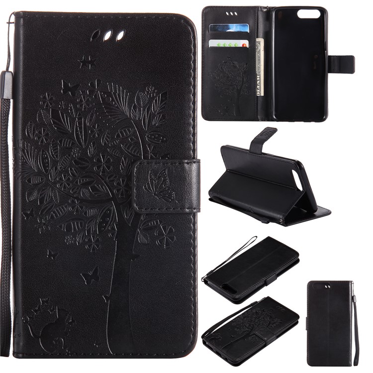 Cat and Tree Imprinted Leather Phone Cover with Wrist Strap for OnePlus 5 - Black-1