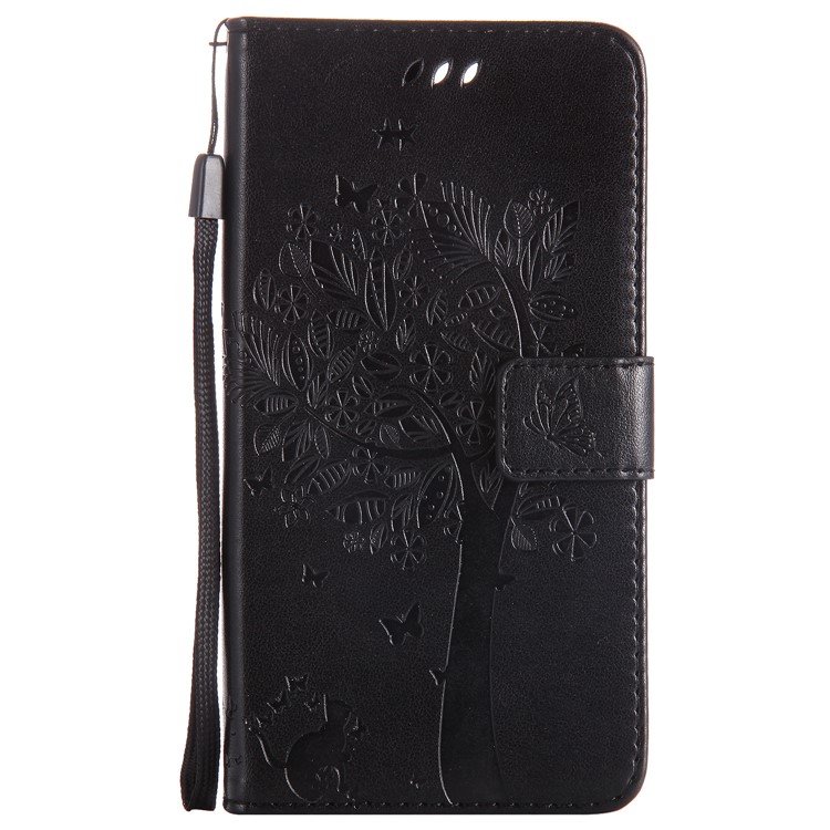 Cat and Tree Imprinted Leather Phone Cover with Wrist Strap for OnePlus 5 - Black-2
