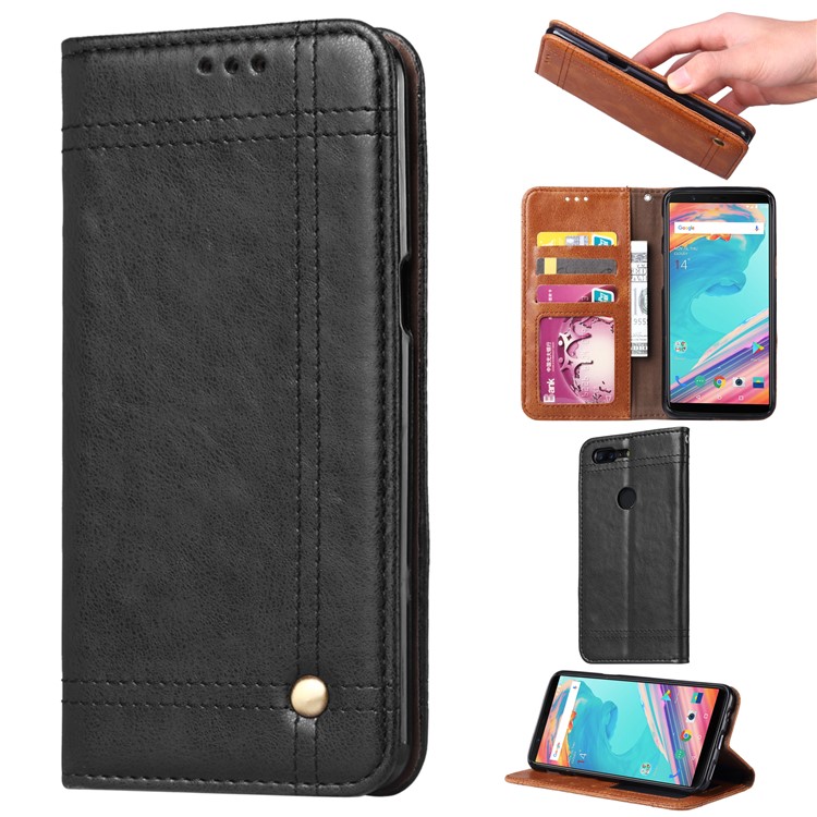 Vintage Leather Stitching Stand Wallet Phone Case with Magnetic Adsorption for OnePlus 5T - Black-1