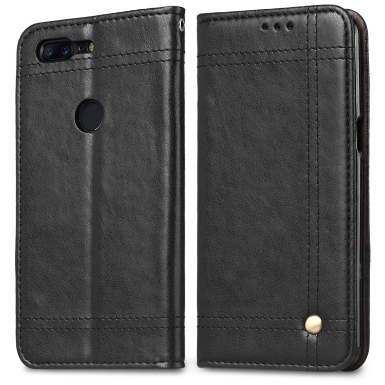 Vintage Leather Stitching Stand Wallet Phone Case with Magnetic Adsorption for OnePlus 5T - Black-2
