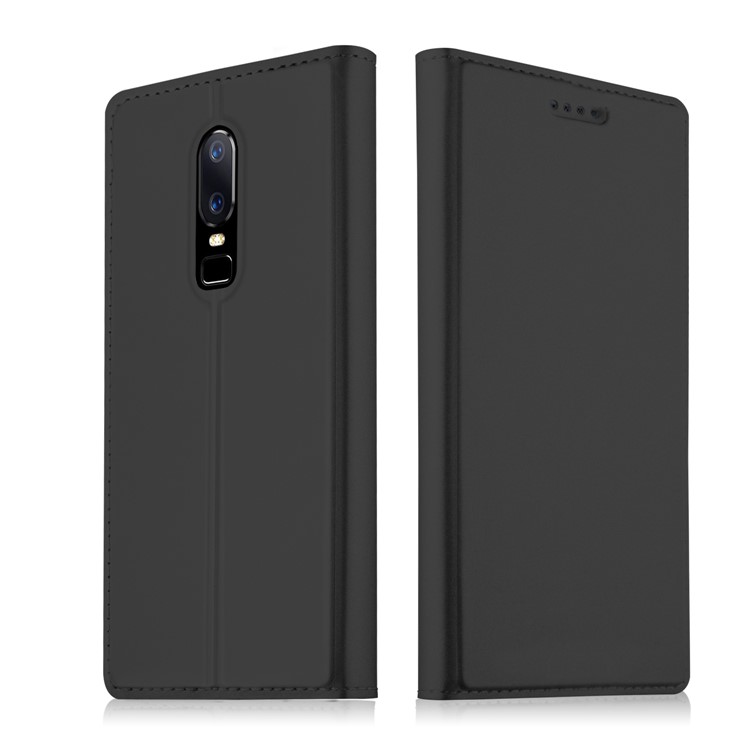 - Karte-Halter Auto-absorbiert-Leder-Handy-Fall Mit Ständer Für Oneplus 6 - Schwarz-1