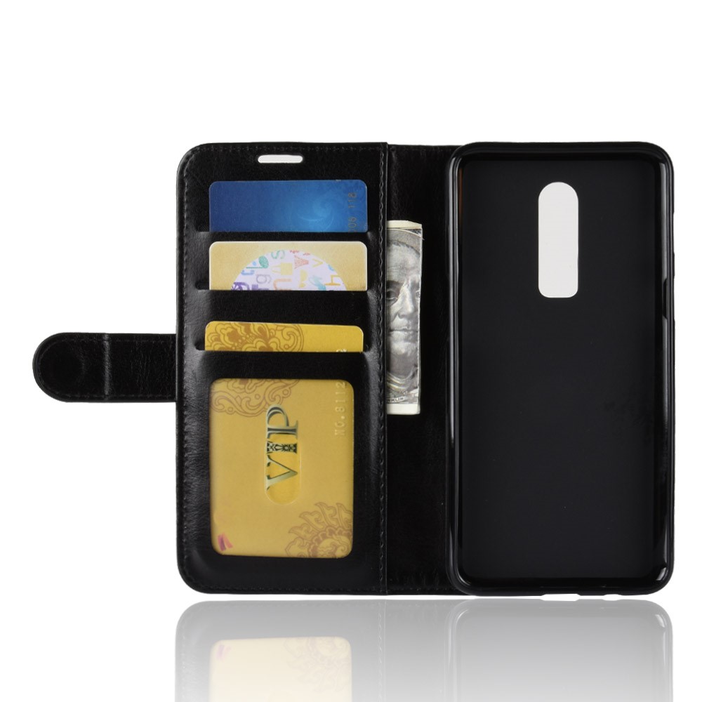 Crazy Horse Magnetic Stand Wallet Leder Handy Hülle Für OnePlus 6 - Schwarz