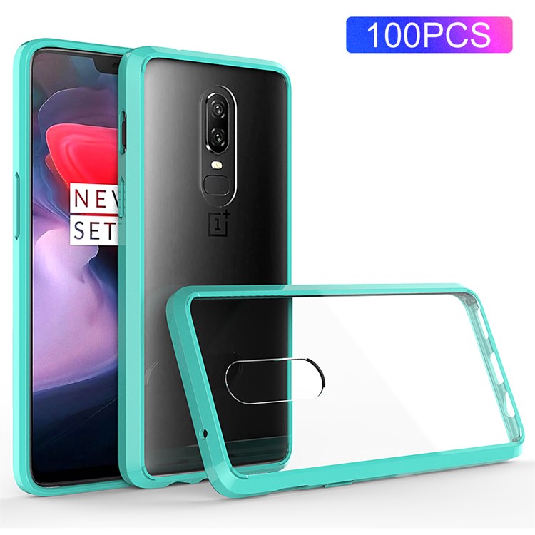 100PCS/Lot Drop-resistant Clear Acrylic + TPU Hybrid Mobile Casing for OnePlus 6 - Cyan-1