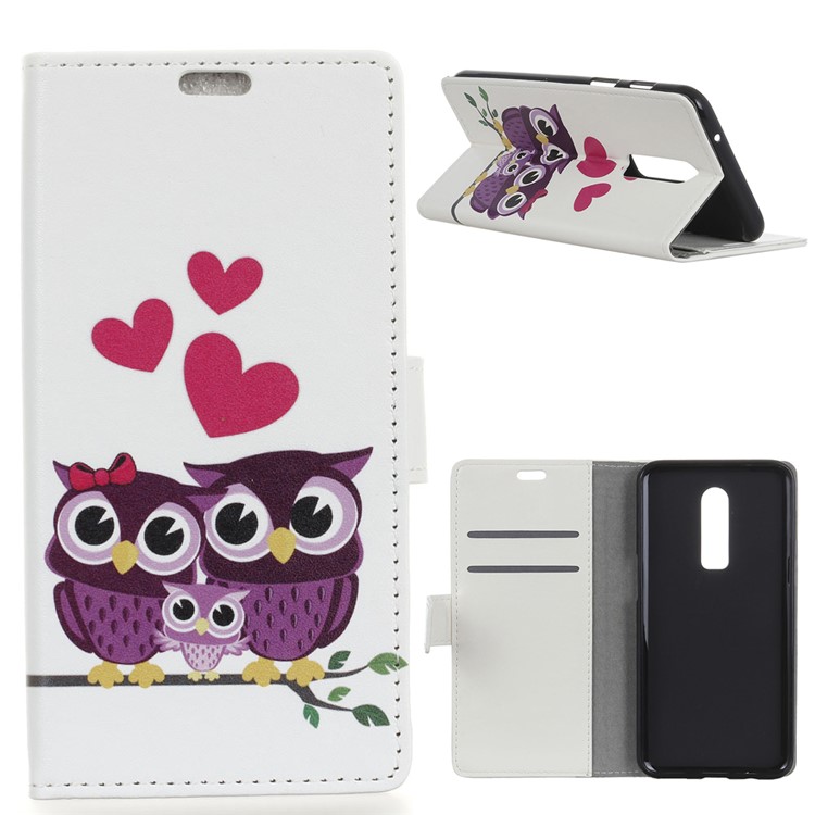 Pattern Printing Stand Leather Wallet Mobile Case for OnePlus 6 - Sweet Owl Family-1