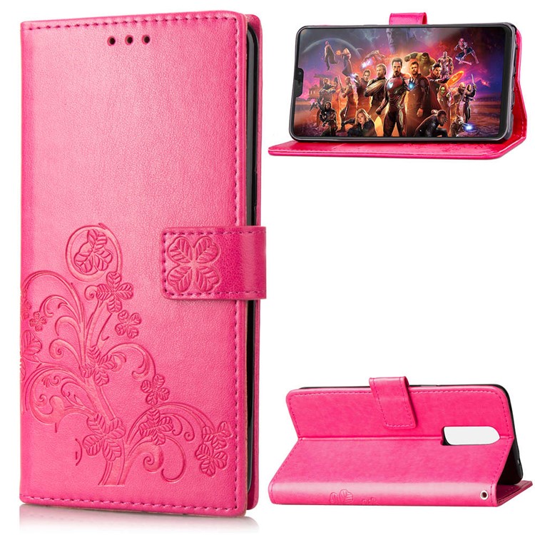 Imprint Lucky Clover PU Leather Stand Wallet Mobile Case for OnePlus 6 - Red-1