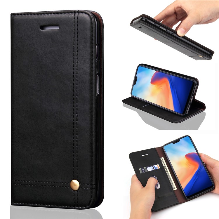 For OnePlus 6 Crazy Horse Texture Retro Leather Auto-absorbed Wallet Stand Phone Cover Accessory - Black-1