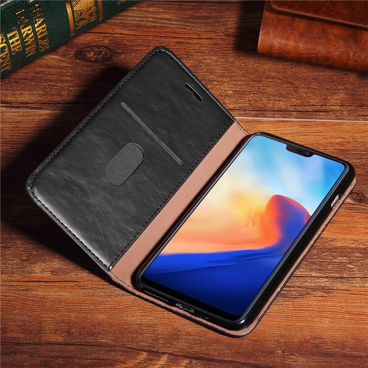 For OnePlus 6 Crazy Horse Texture Retro Leather Auto-absorbed Wallet Stand Phone Cover Accessory - Black-16