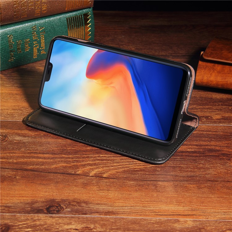 For OnePlus 6 Crazy Horse Texture Retro Leather Auto-absorbed Wallet Stand Phone Cover Accessory - Black-17
