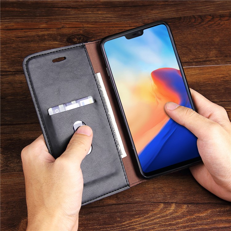 For OnePlus 6 Crazy Horse Texture Retro Leather Auto-absorbed Wallet Stand Phone Cover Accessory - Black-18
