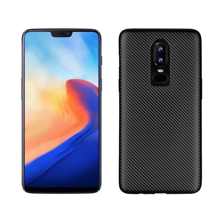 Weicher TPU Rückseiten-Telefonkasten Der Kohlenstofffaserbeschaffenheit Für Oneplus 6 - Schwarz-1