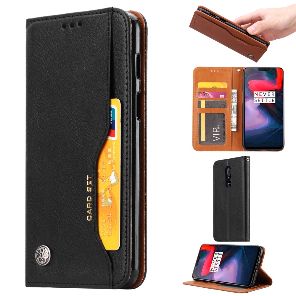 Couro Do Plutônio Auto-absorvido Ficar Tampa Do Telefone Carteira Para Oneplus 6 - Preto-1