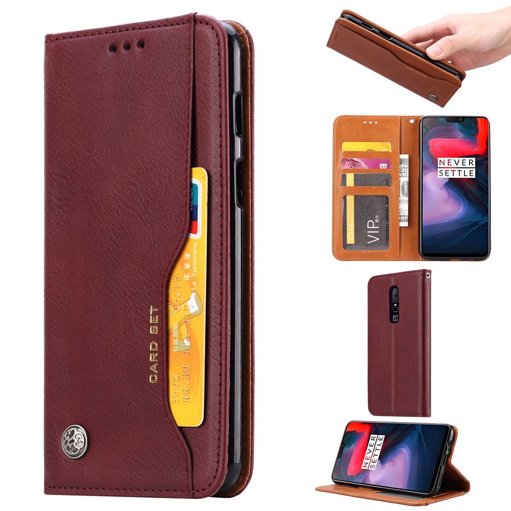 PU-Leder Auto-absorbierte Stand Brieftasche Handyhülle Für OnePlus 6 - Weinrot-1