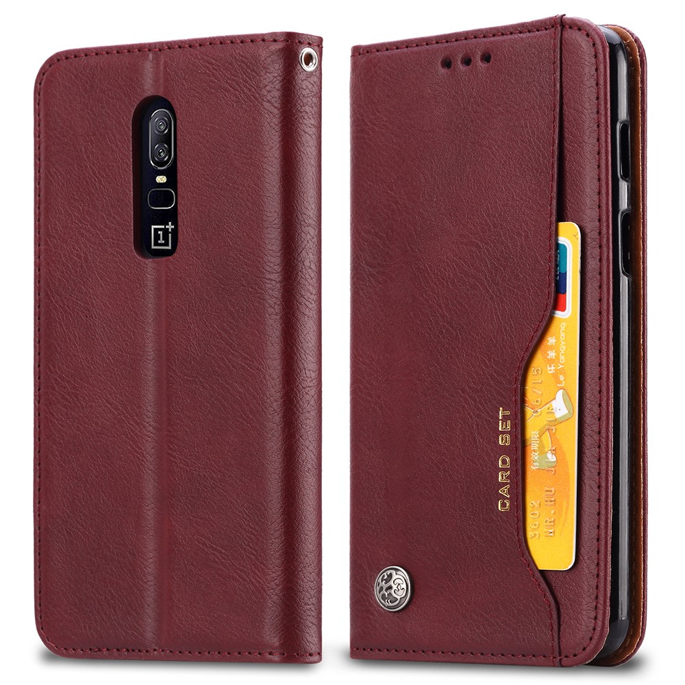 PU-Leder Auto-absorbierte Stand Brieftasche Handyhülle Für OnePlus 6 - Weinrot-2