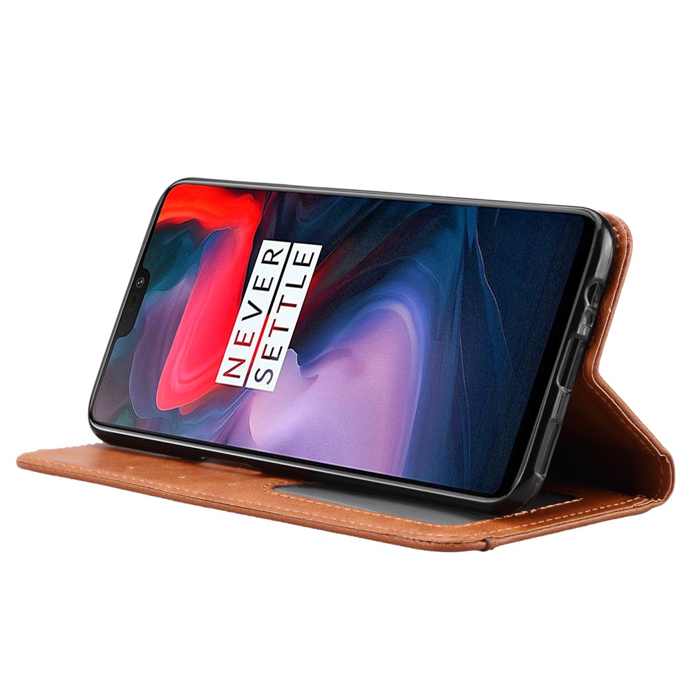 PU-Leder Auto-absorbierte Stand Brieftasche Handyhülle Für OnePlus 6 - Weinrot-5
