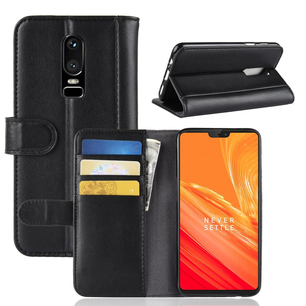 Funda De Cuero Genuino Soporte De Teléfono Móvil Para Oneplus 6 - Negro-1