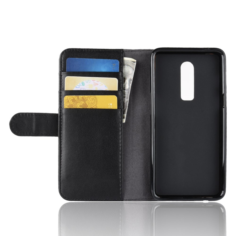 Cubierta de Teléfono Móvil de Stand de Billetera de Cuero Genuino Para OnePlus 6 - Negro