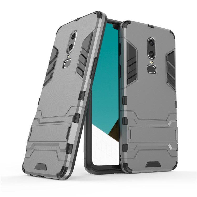 Estuche De Protección De Plástico TPU Híbrido Protector De Plástico Con Pata De Cabra Para Oneplus 6 - Gris-1
