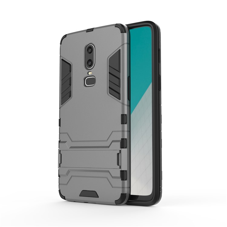 Estuche De Protección De Plástico TPU Híbrido Protector De Plástico Con Pata De Cabra Para Oneplus 6 - Gris-2
