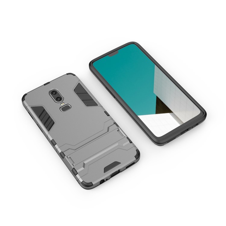 Estuche De Protección De Plástico TPU Híbrido Protector De Plástico Con Pata De Cabra Para Oneplus 6 - Gris-3