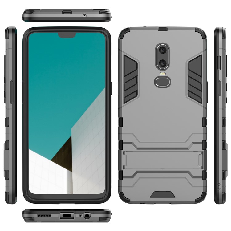 Estuche De Protección De Plástico TPU Híbrido Protector De Plástico Con Pata De Cabra Para Oneplus 6 - Gris-4