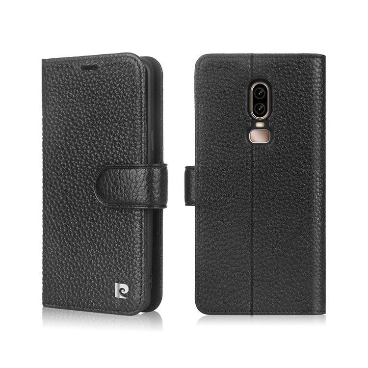 PIERRE CARDIN Litchi Grain Genuine Leather Wallet Card Slot Phone Cover with Stand for OnePlus 6 - Black-1