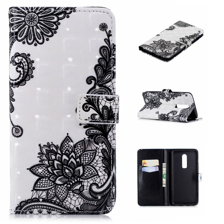 Light Spot Decor Patterned PU Leather Card Holder Mobile Cover for OnePlus 6 - Black Flowers-1