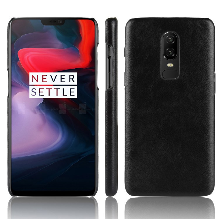 Litchi Texture PU Leather Coated Plastic Hard Case for OnePlus 6 - Black-1