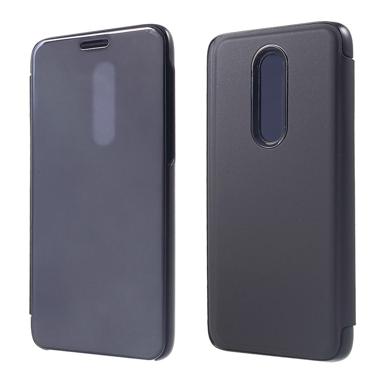View Window Plated Mirror Surface Leather Stand Flip Cover for OnePlus 6 - Black-1