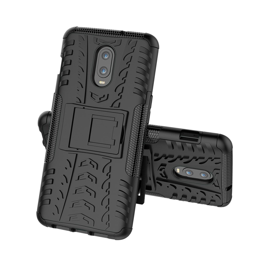 2-in-1 Tyre Pattern PC + TPU Hybrid Mobile Phone Case with Kickstand for OnePlus 6T - Black-2