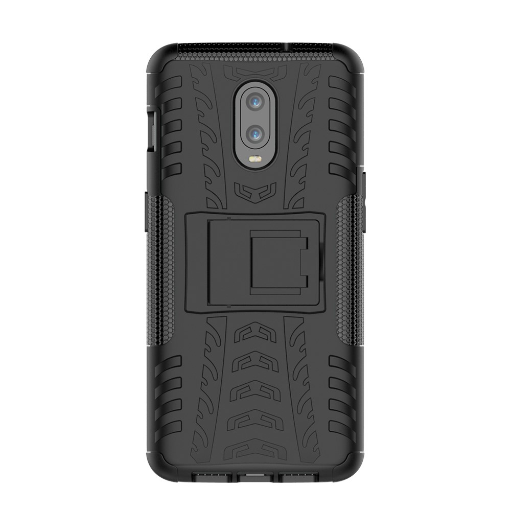 2-in-1-reifenmuster PC + TPU Hybrid-mobilfunkkoffer Mit Kickstand Für OnePlus 6T - Schwarz