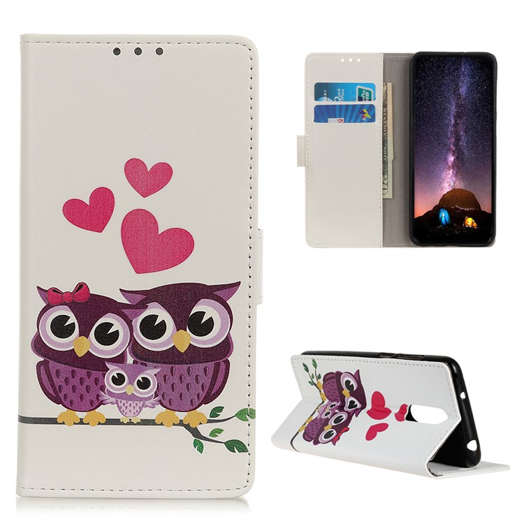 Pattern Printing Wallet Stand Leather Phone Cover for OnePlus 7 - Sweet Owl Family-1