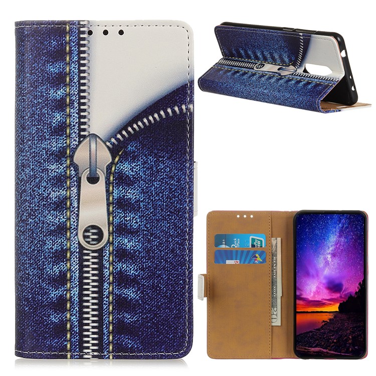 Pattern Printing Leather Wallet Stand Shell Cover for OnePlus 7 - Jeans Metal Zipper-1