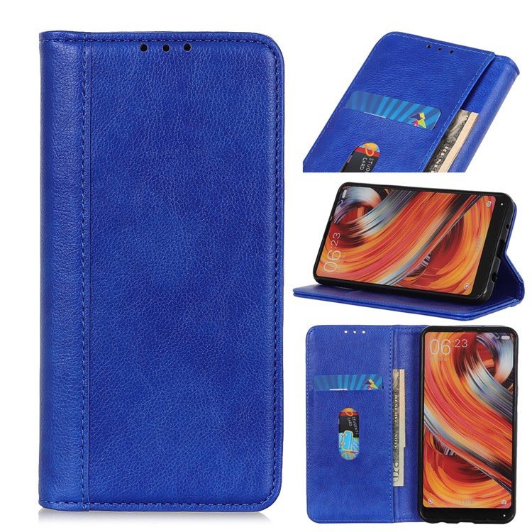 Auto-absorbed Litchi Texture Split Leather Stand Wallet Cover Case for OnePlus 7 - Blue-1