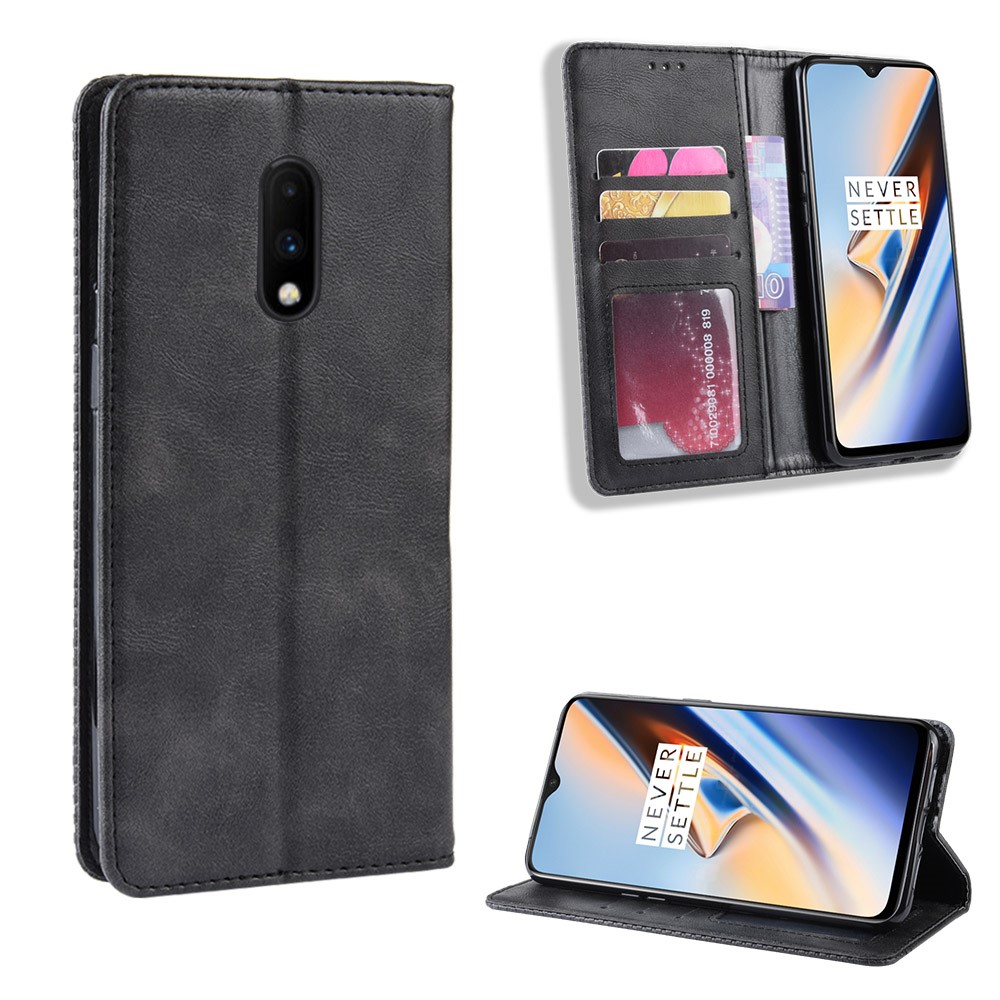 Stand de Billetera de Cuero Vintage Absorbido Automáticamente Para OnePlus 7 - Negro