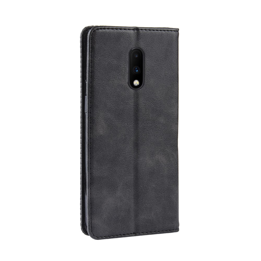 Casca de Carteira de Couro Vintage Absorvida Automaticamente Para o OnePlus 7 - Preto