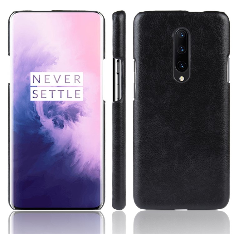 Lichia Pele De Couro Revestido Rígido PC Caso Para Oneplus 7 Pro - Preto-1