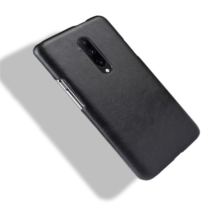 Litchi Skin Cuero Cubierta de PC Con Recubrimiento de Cuero Para OnePlus 7 Pro - Negro