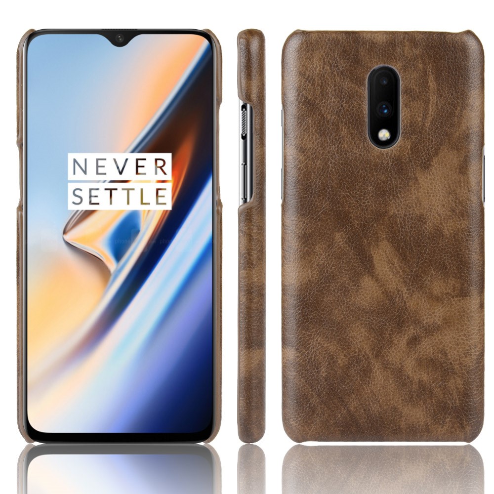 Litchi Pele Revestido De Couro Rígido PC Case Para Oneplus 7 - Café-1
