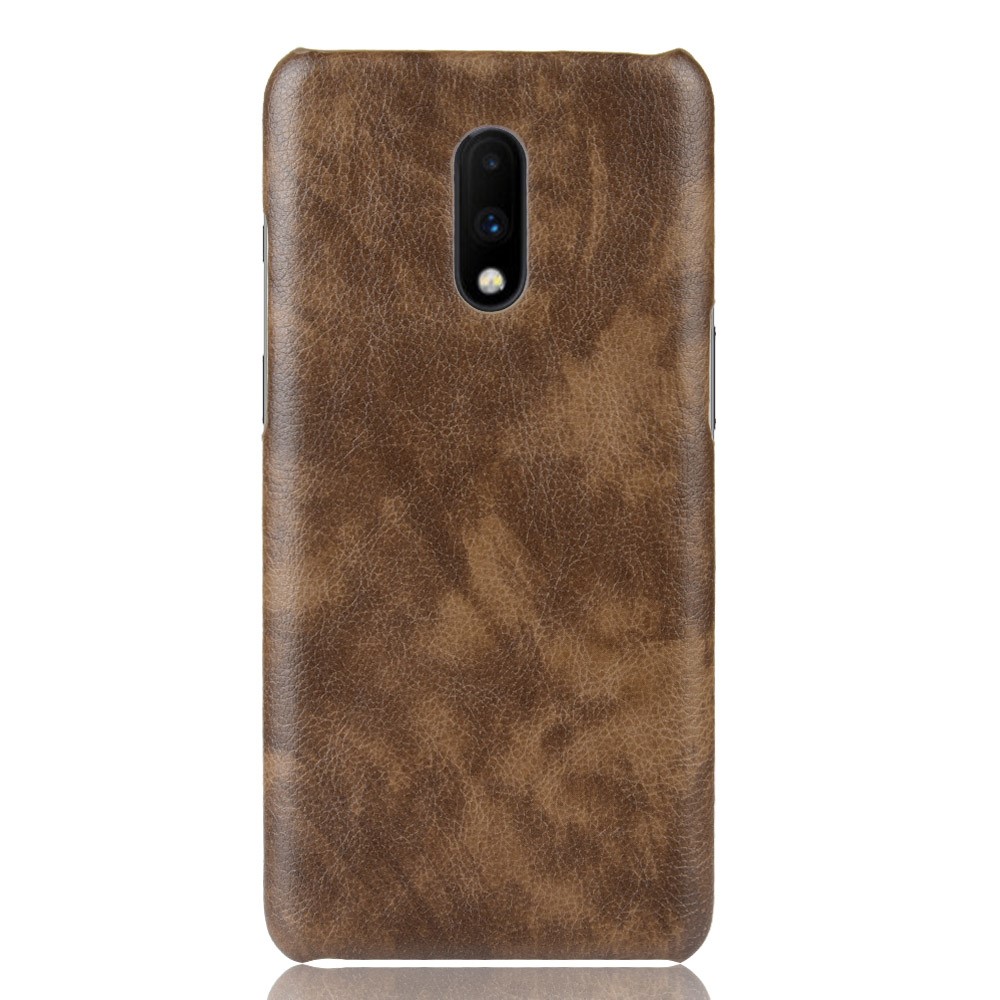 Litchi Pele Revestido De Couro Rígido PC Case Para Oneplus 7 - Café-2