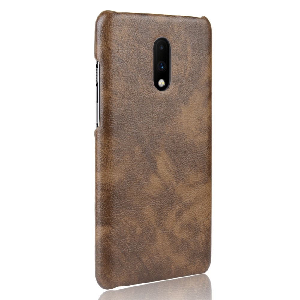 Litchi Skin Leather Cubo Hard PC Para OnePlus 7 - Café